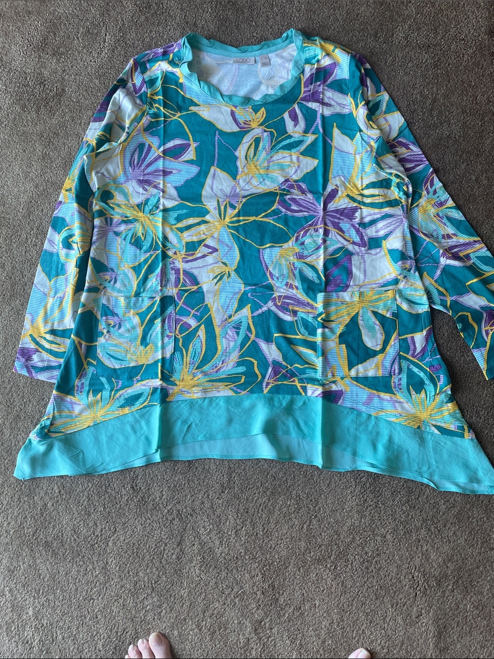 LOGO by Lori Goldstein Teal Floral Scoop Neck Tunic with Purple & Yellow Accents